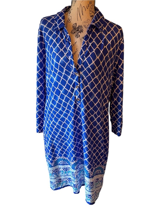 Lilly Pulitzer Dresses & Skirts - Lilly Pulitzer Dress Blue & White Lattice Print Button-Front Pop Over
